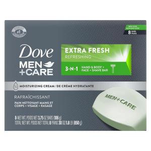 imageDOVE MEN  CARE 3 in 1 Bar Cleanser for Body Face and Shaving Extra Fresh Body and Facial Cleanser More Moisturizing Than Bar Soap to Clean and Hydrate Skin 375 Ounce Pack of 8